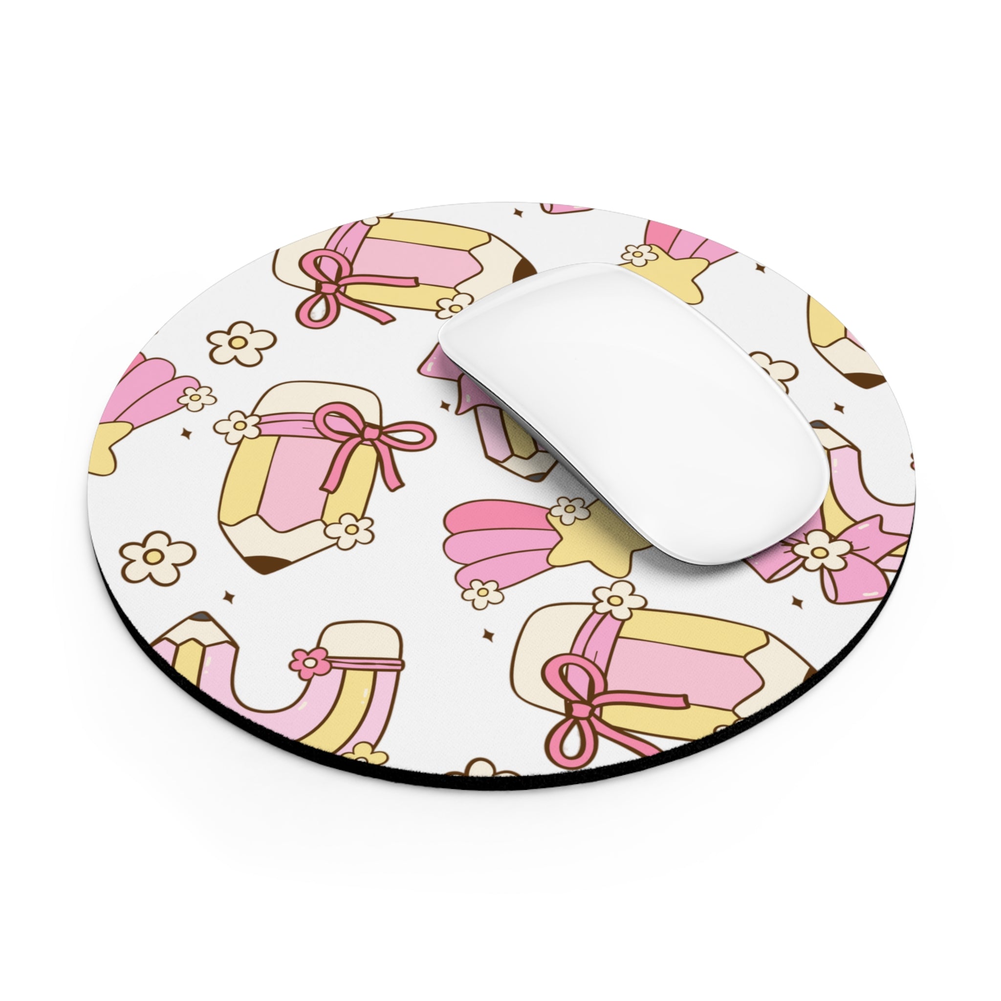 Cute Pastel Gifts Mouse Pad — Pink Rainbow Pencil, Present & Star Pattern
