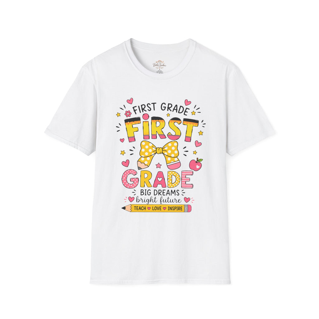 First Grade Teacher T‑Shirt — "First Grade" Cute Bow Back-to-School Tee
