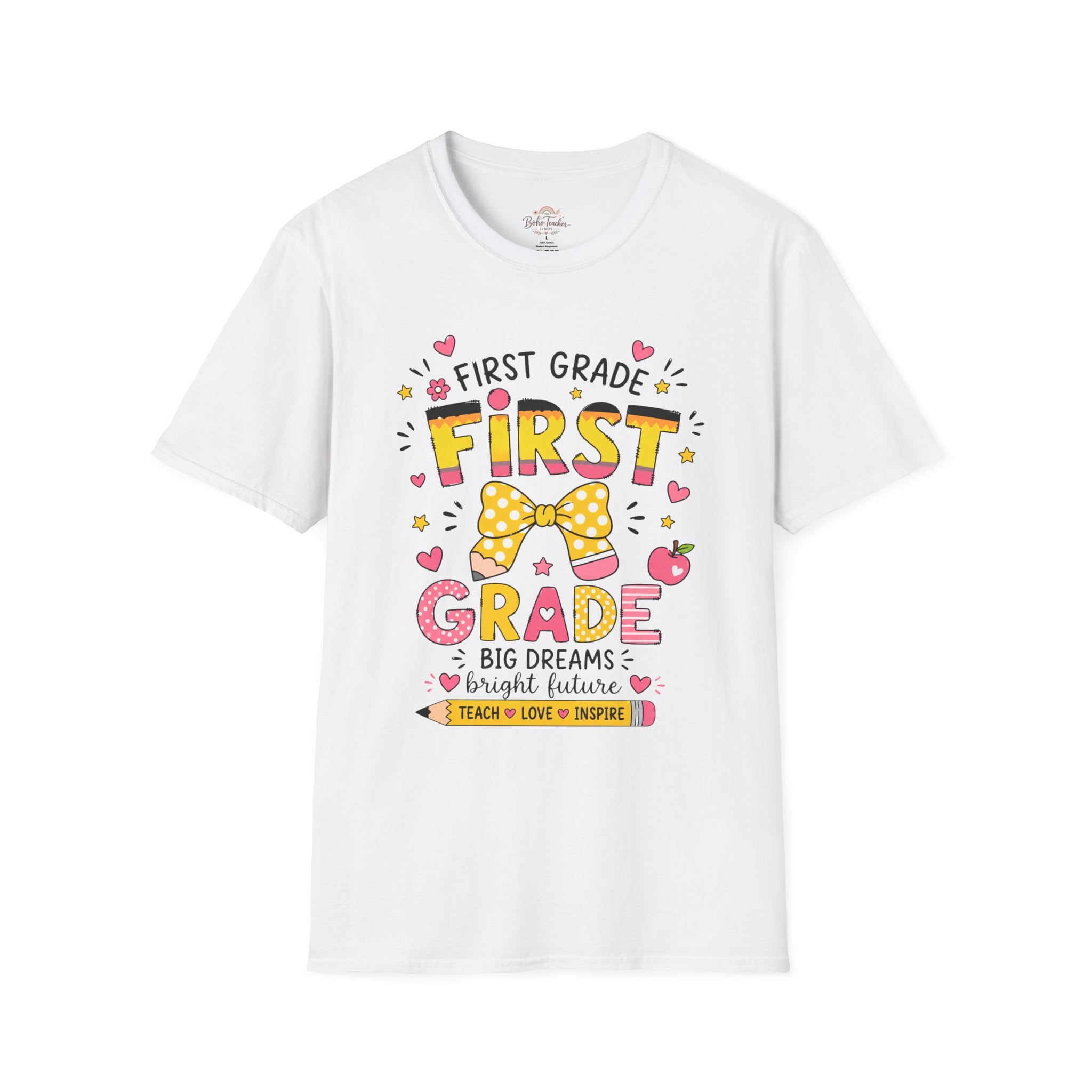 First Grade Teacher T‑Shirt — "First Grade" Cute Bow Back-to-School Tee