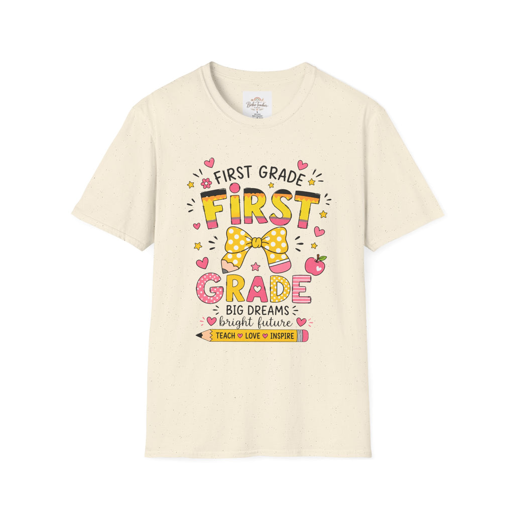 First Grade Teacher T‑Shirt — "First Grade" Cute Bow Back-to-School Tee