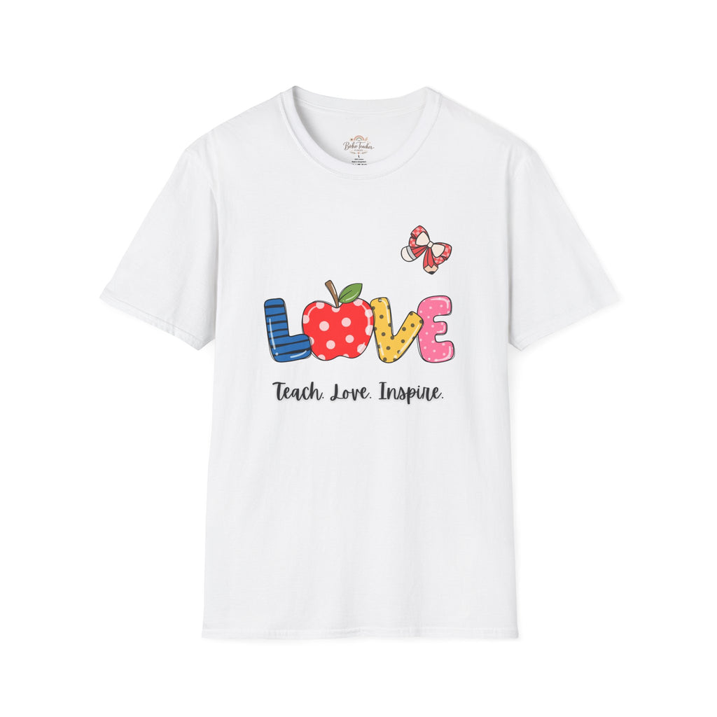 Love Teacher T-Shirt — "Teach. Love. Inspire." Cute Apple & Butterfly Design