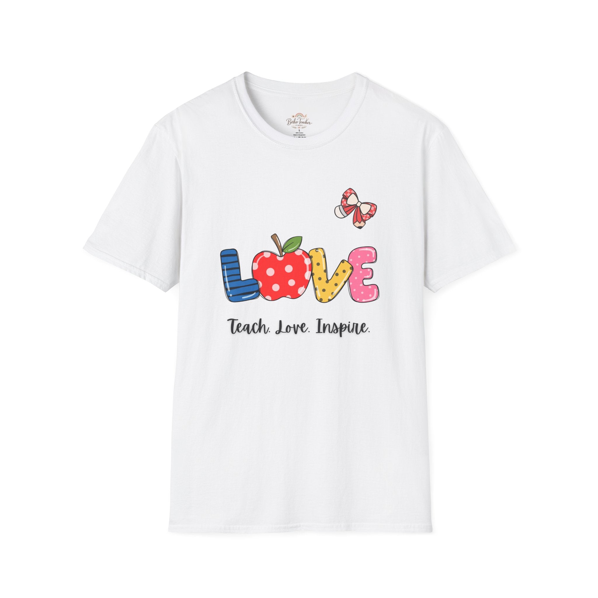 Love Teacher T-Shirt — "Teach. Love. Inspire." Cute Apple & Butterfly Design