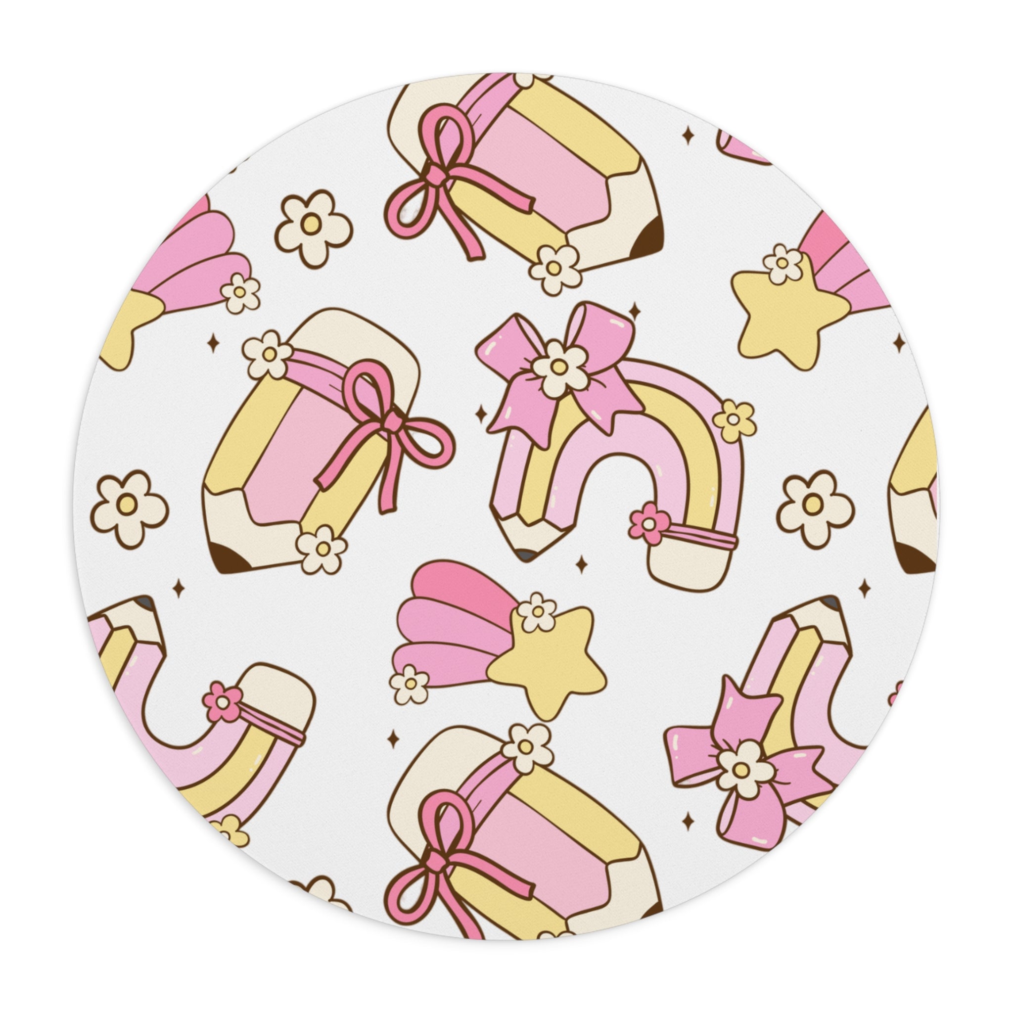 Cute Pastel Gifts Mouse Pad — Pink Rainbow Pencil, Present & Star Pattern