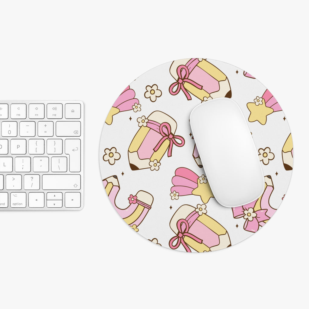 Cute Pastel Gifts Mouse Pad — Pink Rainbow Pencil, Present & Star Pattern