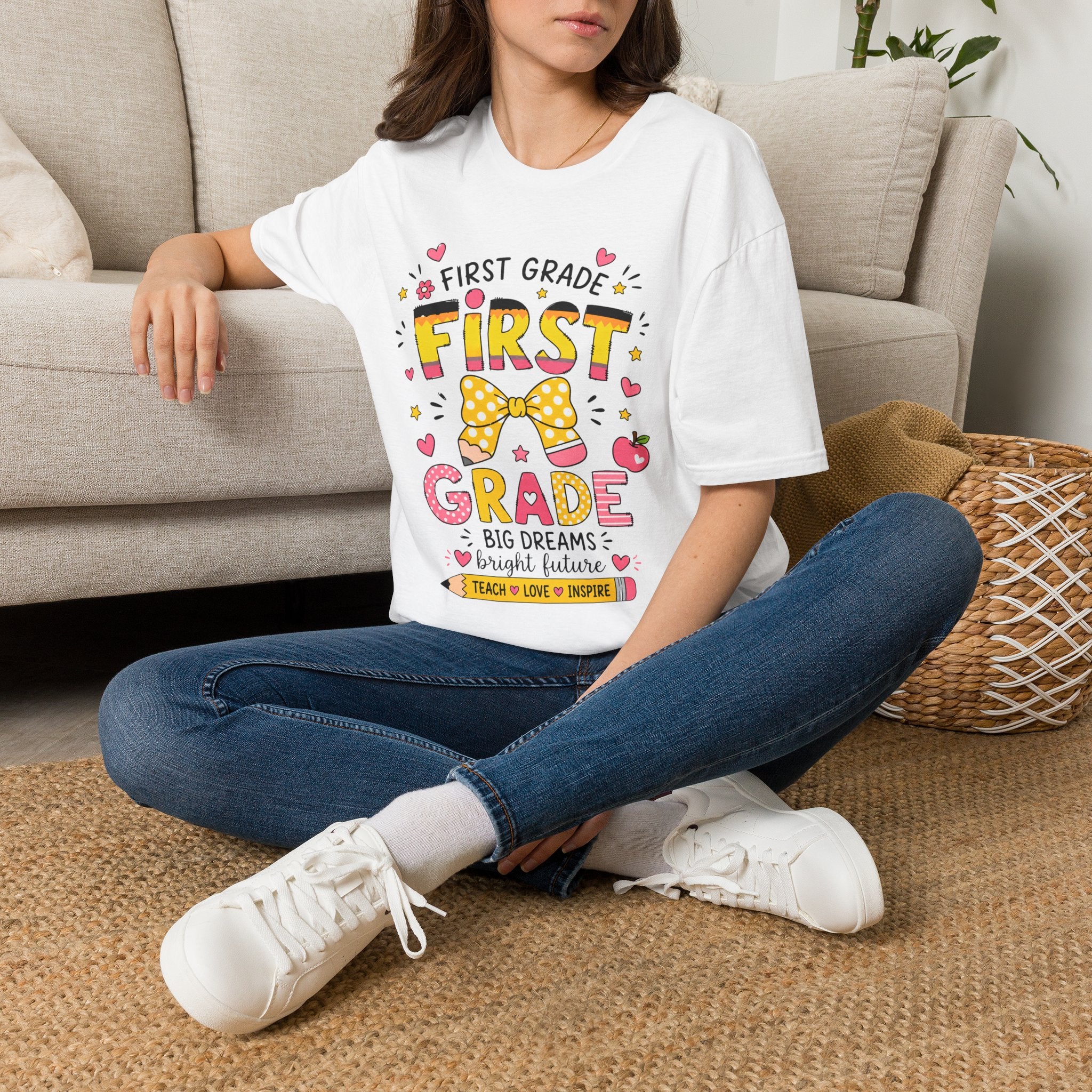 First Grade Teacher T‑Shirt — "First Grade" Cute Bow Back-to-School Tee