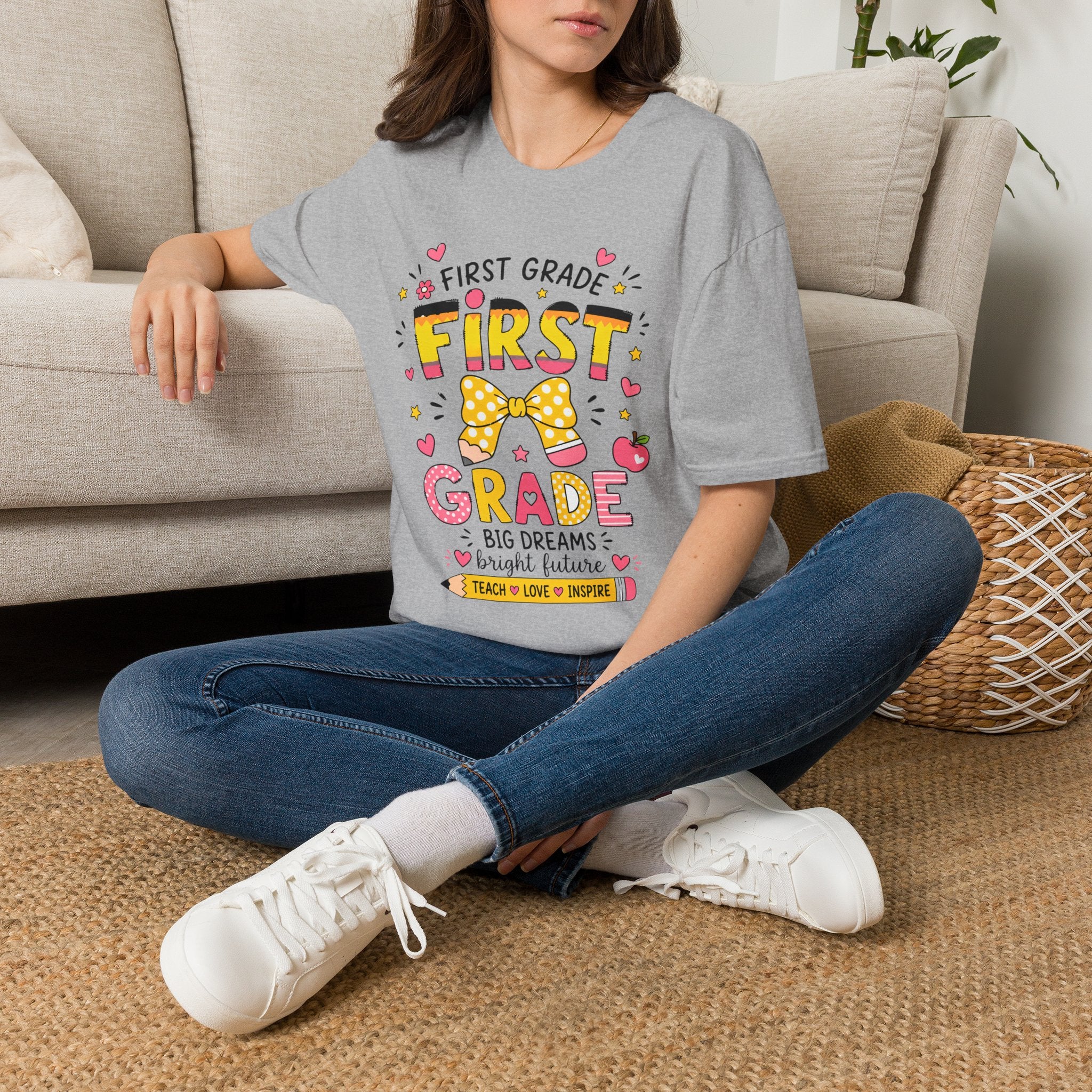 First Grade Teacher T‑Shirt — "First Grade" Cute Bow Back-to-School Tee