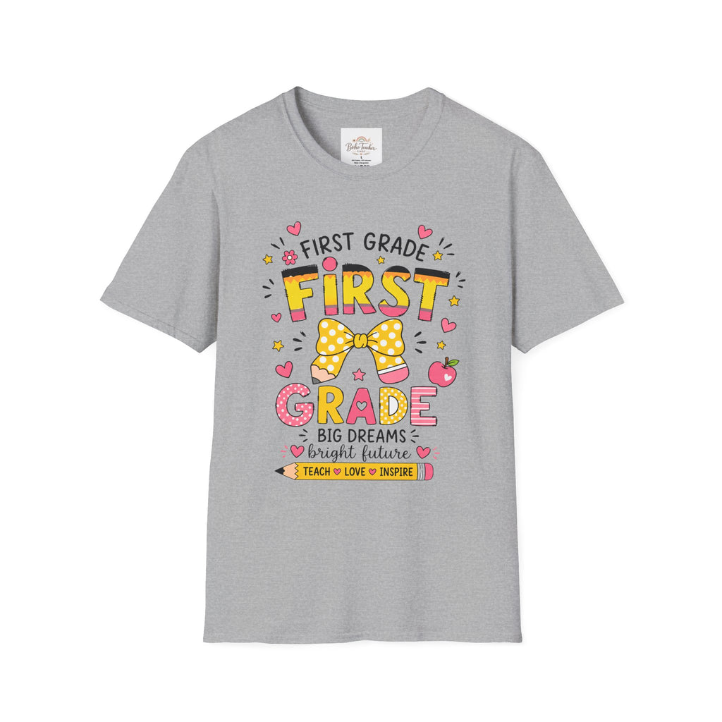 First Grade Teacher T‑Shirt — "First Grade" Cute Bow Back-to-School Tee