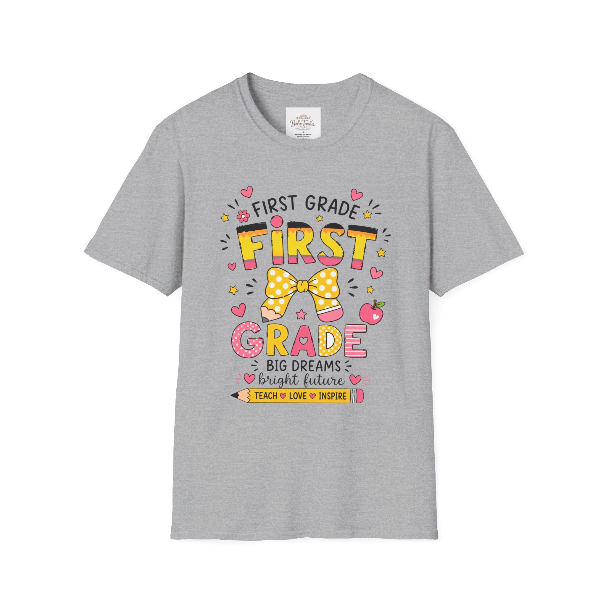 First Grade Teacher T‑Shirt — "First Grade" Cute Bow Back-to-School Tee