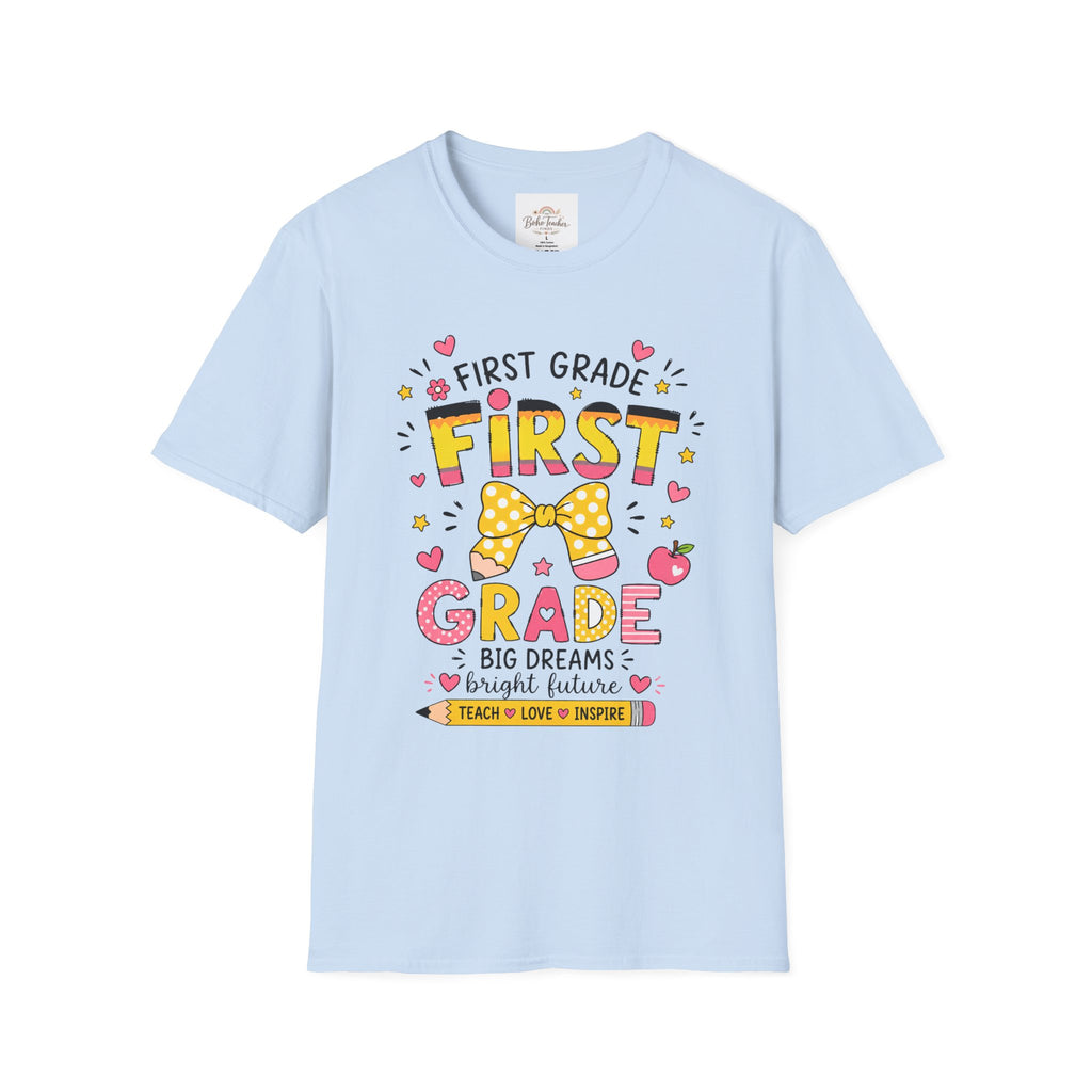 First Grade Teacher T‑Shirt — "First Grade" Cute Bow Back-to-School Tee