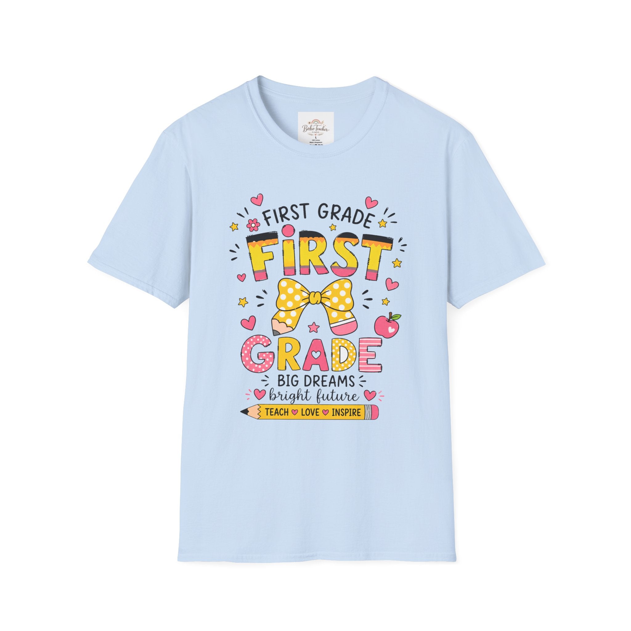 First Grade Teacher T‑Shirt — "First Grade" Cute Bow Back-to-School Tee