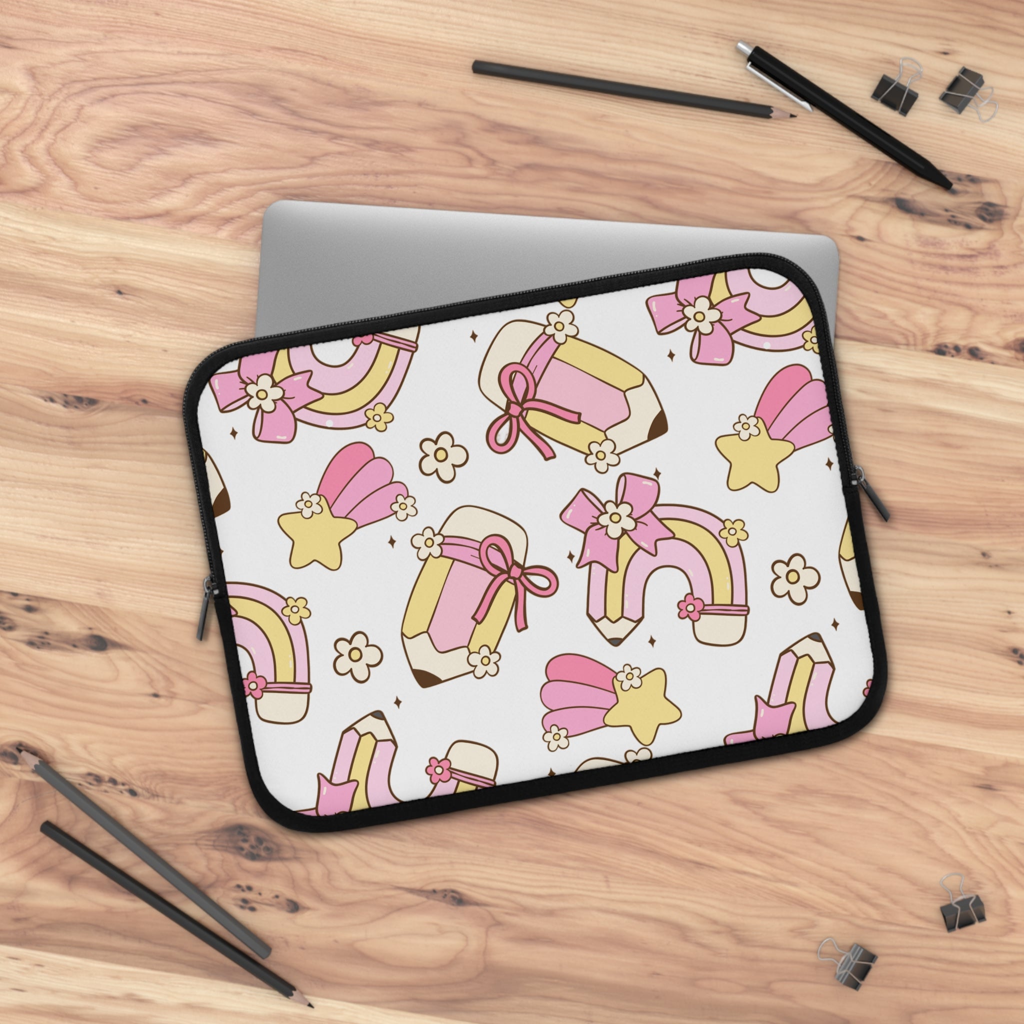 Cute Pastel Pencil & Rainbow Laptop Sleeve — Kawaii Schoolgirl Tech Case