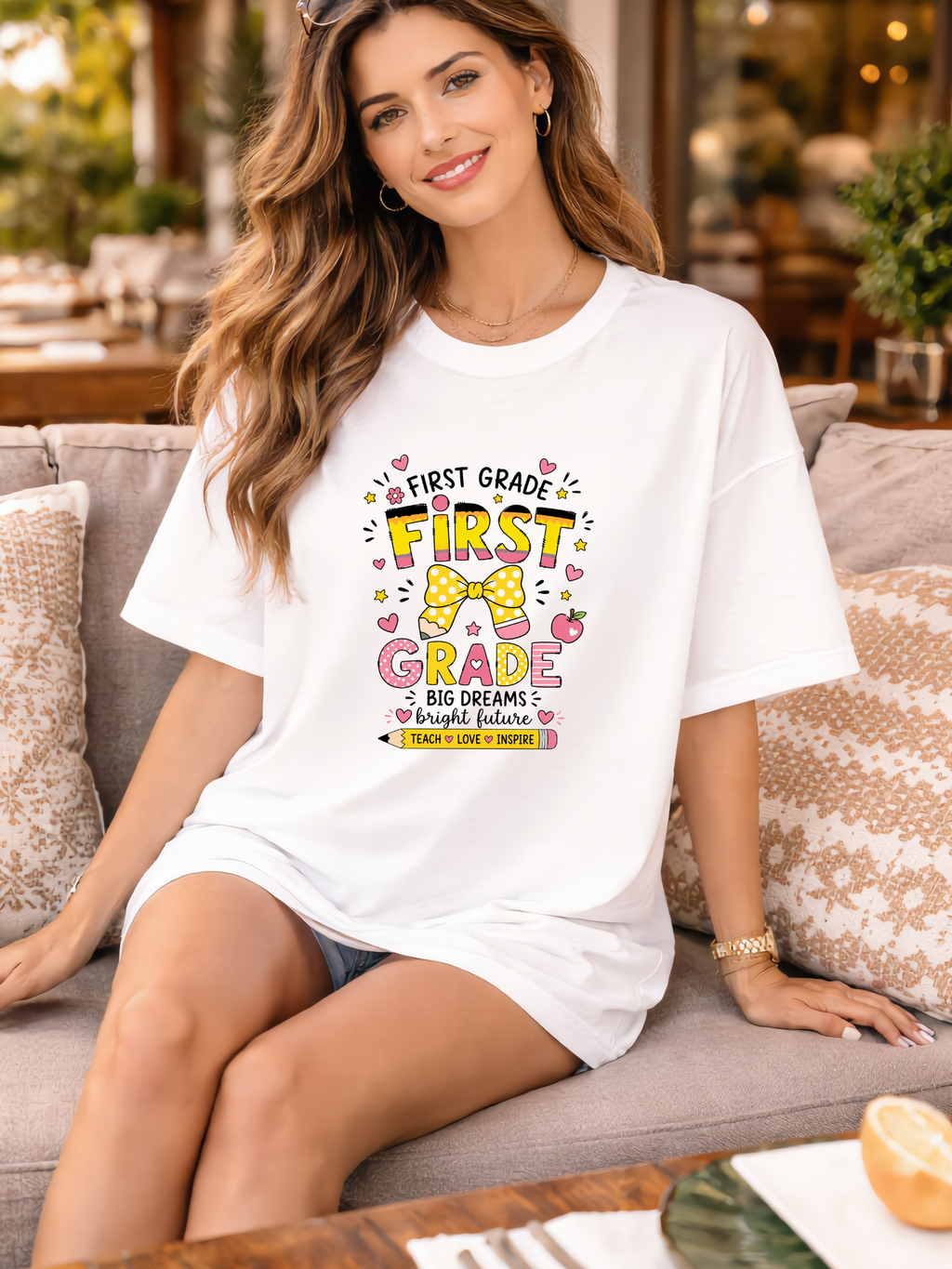 First Grade Teacher T‑Shirt — "First Grade" Cute Bow Back-to-School Tee