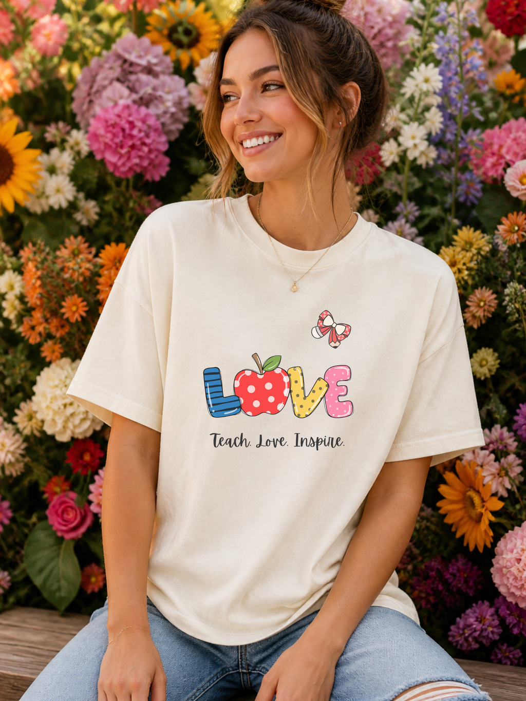 Love Teacher T-Shirt — "Teach. Love. Inspire." Cute Apple & Butterfly Design